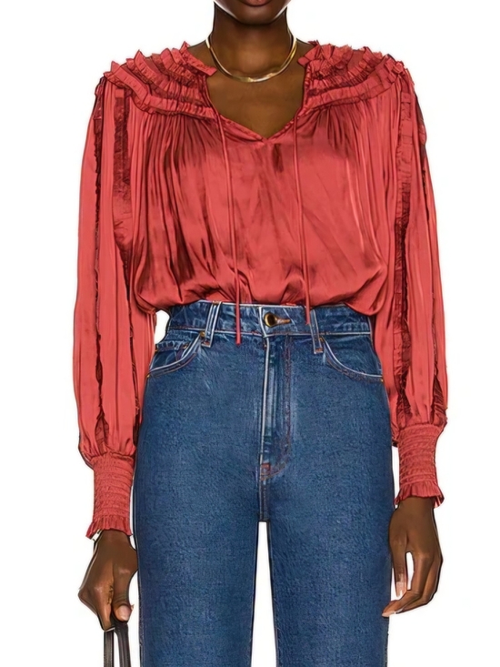 Ulla Johnson Tops - Ulla Johnson Women's Ruffle-Trim Long Sleeve Blouse - Desert Rose In Red-Size:4